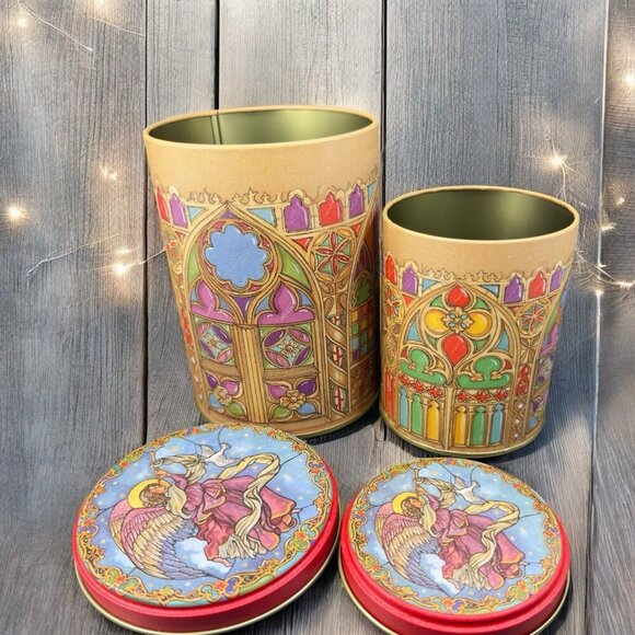 CAFFCO Tin Canister Container Storage Church Angel Dove Pattern Stacking Set 2 - Picture 2 of 15
